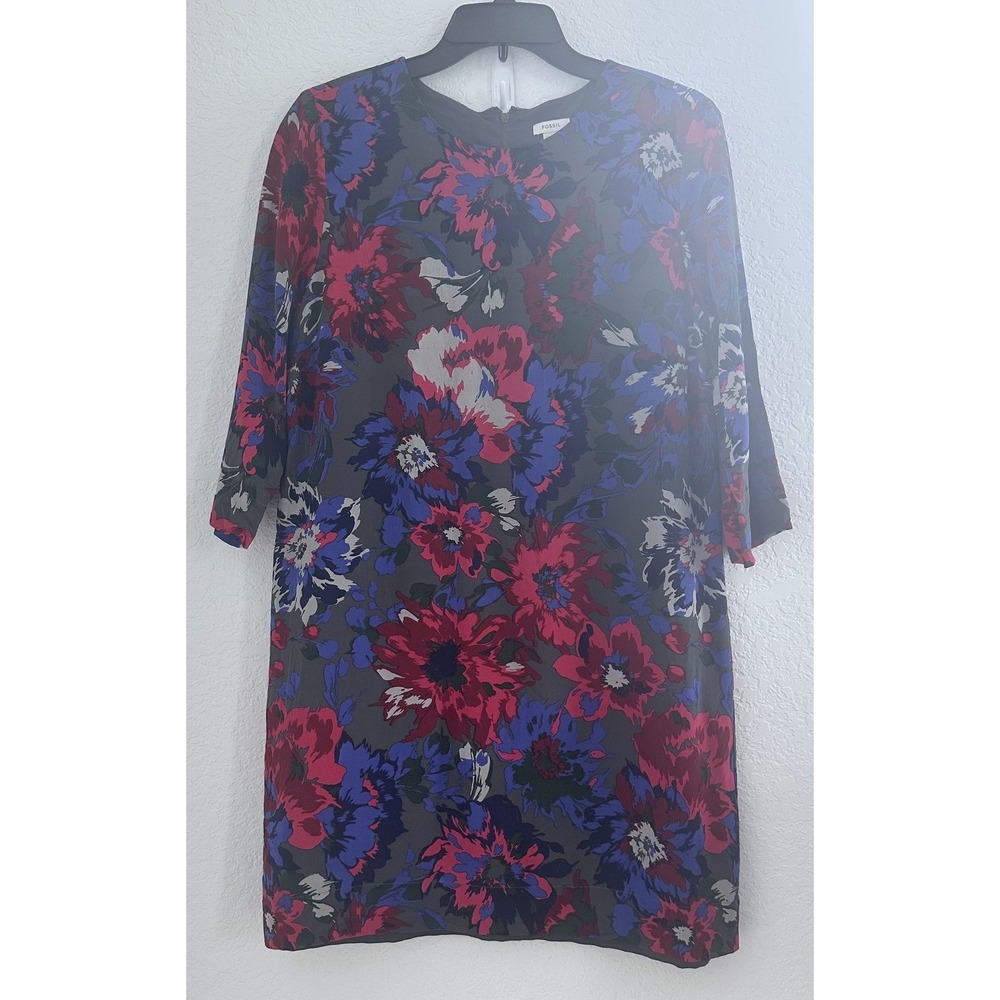 Fossil Fairy Whimsygoth Shift Dress Womens 10 Gray‎ Bold Floral 3/4 Sleeve Lined